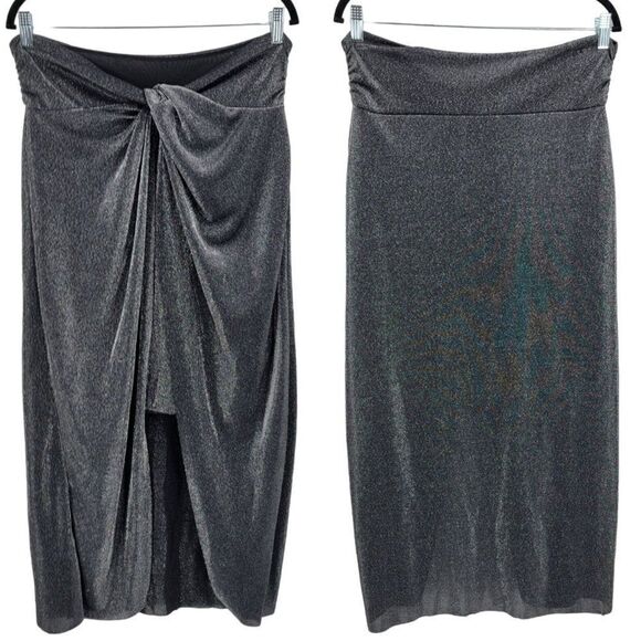 ALLSAINTS  Metallic Sami Hi-lo Mini Midi Skirt 12 Gunmetal Wrap Knot Night Out - Picture 2 of 16
